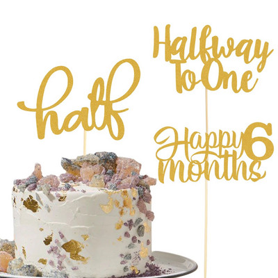 Pusiau kelio iki vieno torto dangtelis – 3 vnt., aukso blizgučiai iš vienos pusės, 1/2 kelio iki 6 mėnesių / pusės torto dekoras berniuko ar mergaitės gimtadieniui