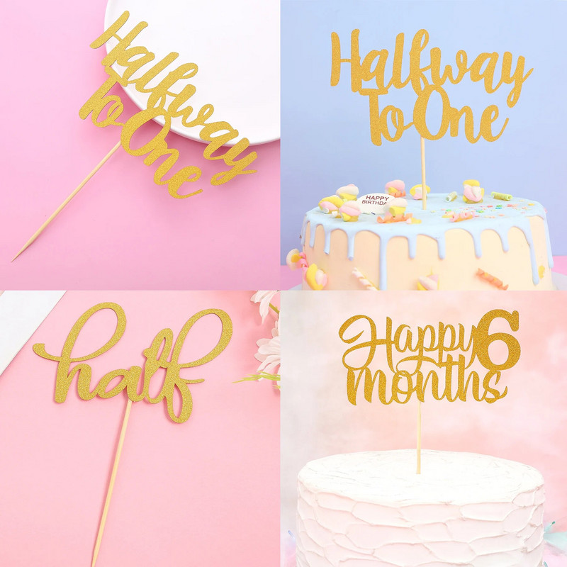 Pusiau kelio iki vieno torto dangtelis – 3 vnt., aukso blizgučiai iš vienos pusės, 1/2 kelio iki 6 mėnesių / pusės torto dekoras berniuko ar mergaitės gimtadieniui
