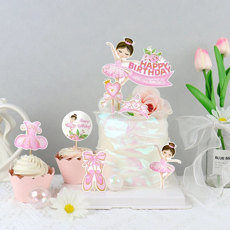 Rožinės spalvos balerinos mergaičių torto puošmenos karūnos suknelės vaikams su gimtadieniu, vestuvių vakarėlis, kūdikių dušas, kepimo pyragas, desertas, pasidaryk pats