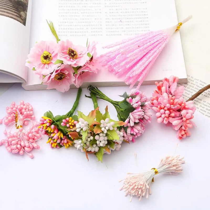 6/10/12/60/70/90/144db Rózsaszín vegyes hibrid virág cseresznye porzó bogyók köteg barkács torta karácsonyi esküvői ajándékdoboz koszorúk dekor