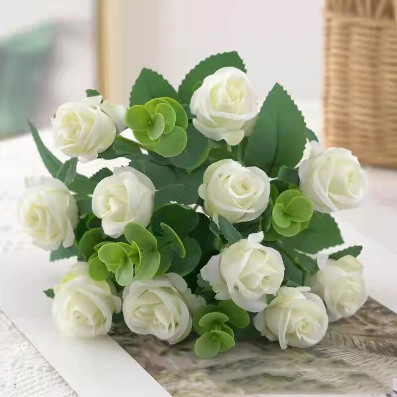10 glavica umjetnog cvijeća Bijela ruža Lišće eukaliptusa Buket božura Lažno cvijeće Vjenčani stol Zabava Vanjski vrtni ukras
