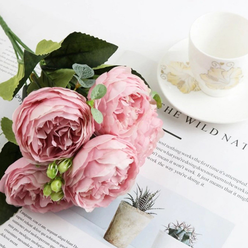 Kunstlilled Vintage siidist pojengibukett nisukõrvad Lilledega segatud pulmade pulmade käeshoitav võltslilledega kodupeo kaunistus