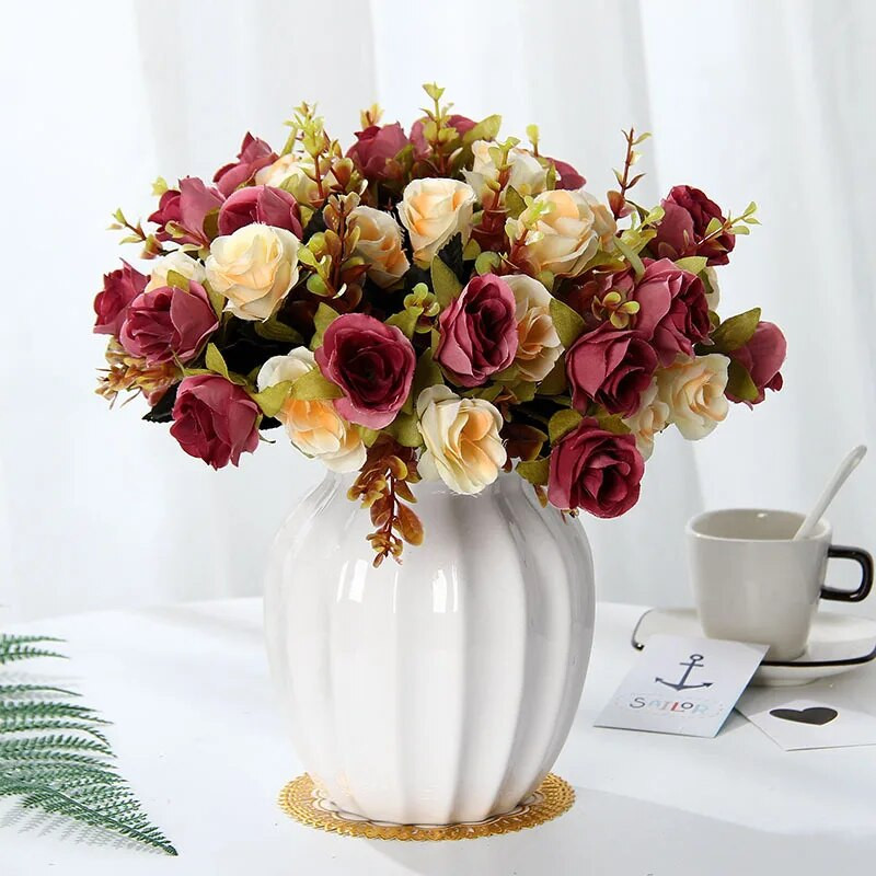 Retro šilko rožių dirbtinių gėlių puokštė bijūnų hortenzija vintažinė nuotakos laikiklis netikroms gėlėms namų dekoravimo priedai „pasidaryk pats“