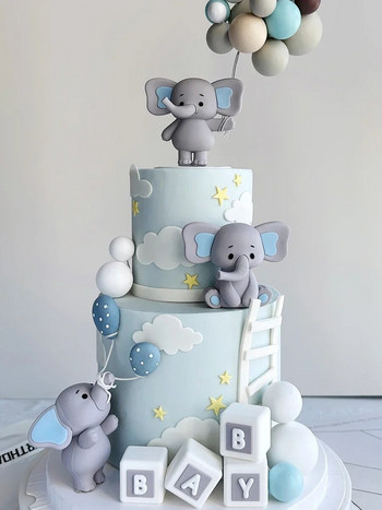 Baby Elephant Cake Decoration Кукла Балон Baby Elephant Blocks Детска торта за първи рожден ден Topper Кръщене на бебе Разкриване на пола