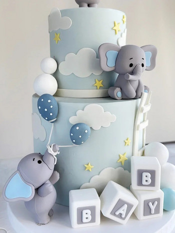 Baby Elephant Cake Decoration Кукла Балон Baby Elephant Blocks Детска торта за първи рожден ден Topper Кръщене на бебе Разкриване на пола