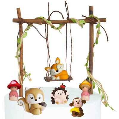 Forest Animals Woodland Party Decor Decoration Fox Cake Decoration Cake Topper First Birthday Swing μανιτάρι δέντρο φράχτη προμήθειες