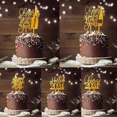 New Cheers 2024 Happy New Year Party Cake Toppers Χρυσό ακρυλικό Merry Christmas Cake Topper για Διακοσμήσεις τούρτας για Πρωτοχρονιάτικο πάρτι