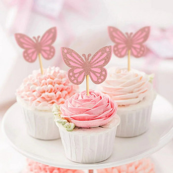Розово лилаво пеперуда Топпер за торта Честит рожден ден Парти Декор Baby Shower Момиче Сватба Булка Десерт Торта Декор Cupcake Flag