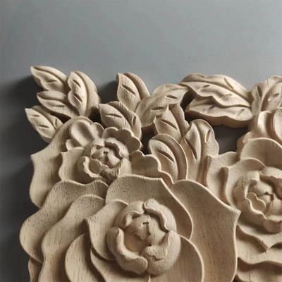 Rose Flower Woodcarving Decal Door Cabinets Vintage Wood Applique European Wood Carving Onlay Decal For Furniture Decoration