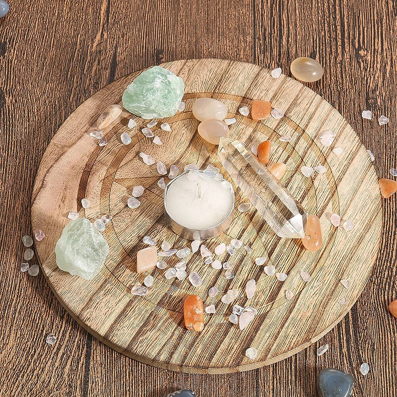 Taro reikmenys Pentagram medinė lėkštė krištolinis akmuo, vieta, žvakių dėklas, altorius energijos dekoras, stalas, šilumos izoliacija, padėkliukas