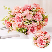 Flori artificiale Buchet de trandafiri din mătase retro Hortensie Bujor Mireasa de epocă ținând floare falsă Accesorii pentru decorarea nunții de acasă