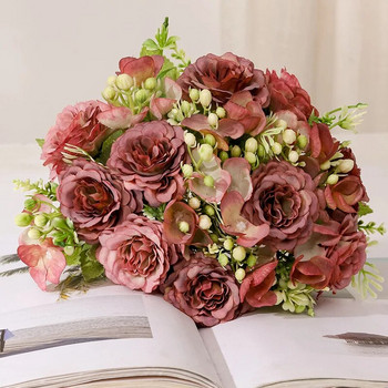 Изкуствени цветя Ретро копринен букет от рози, хортензия, божур, реколта, булка, държаща фалшиво цвете, аксесоари за сватбена декорация на дома