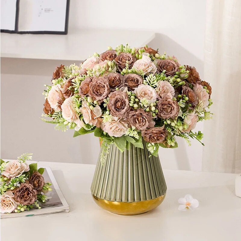 Flori artificiale Buchet de trandafiri din mătase retro Hortensie Bujor Mireasa de epocă ținând floare falsă Accesorii pentru decorarea nunții de acasă