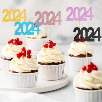 12 бр. 2024 Cake Topper Нова година 2024 Клечка за зъби Честита Нова Година 2023 Консумативи за украса на партито Топери за торта Коледен декор за торта