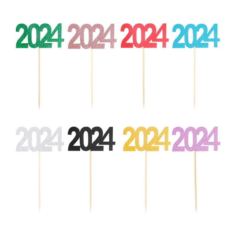 12 vnt. 2024 m. tortų viršus Naujieji 2024 m. dantų krapštukas Laimingų Naujųjų 2023 m. vakarėlio dekoravimo reikmenys tortų tvarsčiai kalėdinio pyrago dekoras