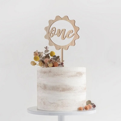 Νέο Ξύλινο One Birthday Happy Cake Topper Wood ONE Kids Party Cake Toppers for Baby Shower Διακοσμήσεις για επιδόρπιο κέικ 1ου έτους