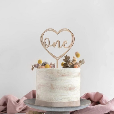 Νέο Ξύλινο One Birthday Happy Cake Topper Wood ONE Kids Party Cake Toppers for Baby Shower Διακοσμήσεις για επιδόρπιο κέικ 1ου έτους