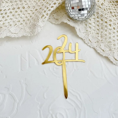 Bună ziua 2024 La mulți ani pentru tort Topper acrilic pentru cupcake de Crăciun fericit pentru decorațiuni de tort pentru petrecerea de Anul Nou 2024