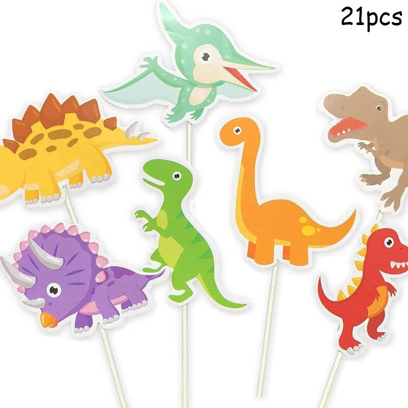 21 bucăți/set decorațiuni pentru cupcake cu dinozaur din desene animate, cu tema de dinozaur, decorare pentru prima zi de naștere pentru băiat