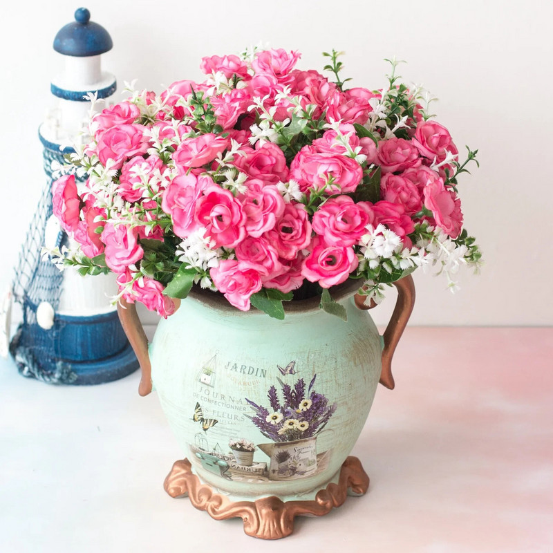 15Heads Mini Roses Kytica Umelý kvet Svadobná scéna Rozloženie Falošný kvet Obývacia izba Vianočné Domov Stôl Dekorácie Doplnky