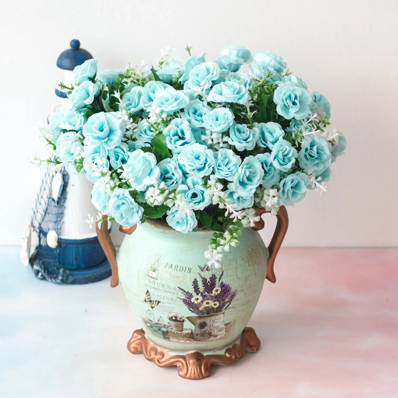 15Heads Mini Roses Kytica Umelý kvet Svadobná scéna Rozloženie Falošný kvet Obývacia izba Vianočné Domov Stôl Dekorácie Doplnky