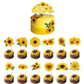 Decoratiuni pentru tort pentru petreceri cu tema floarea-soarelui, inserții pentru tort cu floarea soarelui, Toppers La mulți ani