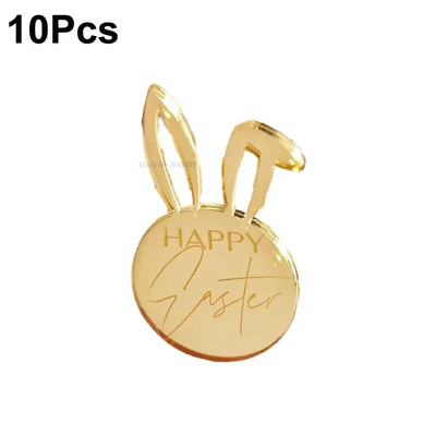 10 bucăți Toppers pentru prăjituri cu ouă de iepuraș de Paște Fericit, acrilic, auriu, argintiu, în formă de iepure, pentru decorațiuni pentru deserturi pentru petrecerea de Paște