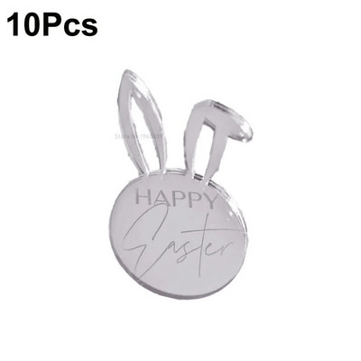 10 bucăți Toppers pentru prăjituri cu ouă de iepuraș de Paște Fericit, acrilic, auriu, argintiu, în formă de iepure, pentru decorațiuni pentru deserturi pentru petrecerea de Paște