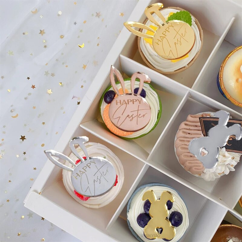 10 bucăți Toppers pentru prăjituri cu ouă de iepuraș de Paște Fericit, acrilic, auriu, argintiu, în formă de iepure, pentru decorațiuni pentru deserturi pentru petrecerea de Paște