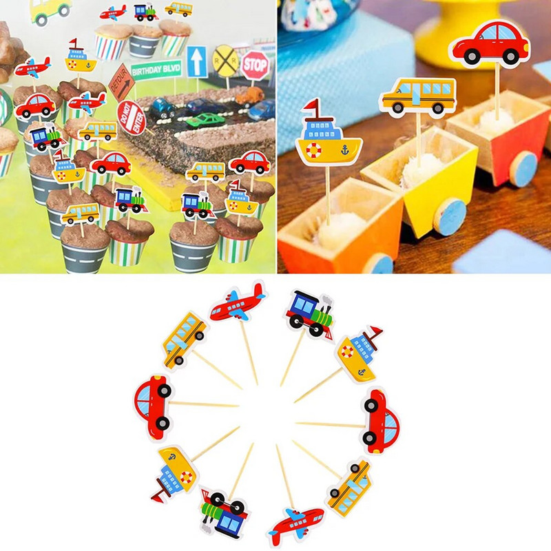 30 bucăți pahar de hârtie pentru mașini bebeluși cupcake toppers bambus transport design topppers
