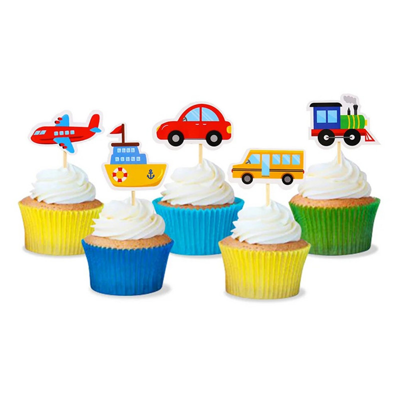 30 bucăți pahar de hârtie pentru mașini bebeluși cupcake toppers bambus transport design topppers