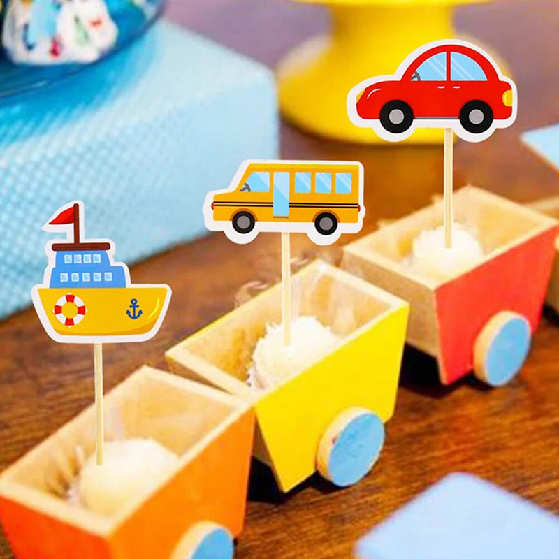 30 bucăți pahar de hârtie pentru mașini bebeluși cupcake toppers bambus transport design topppers
