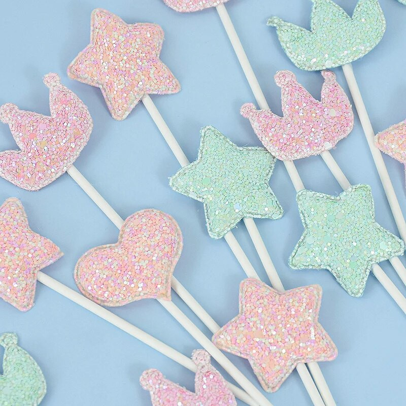 5/10 Vnt Blizgančios undinėlės teminis žvaigždžių pyragas Valentino dienos širdelės karūnos pyrago keptuvės gimtadienio kūdikių dušo deserto dekoras