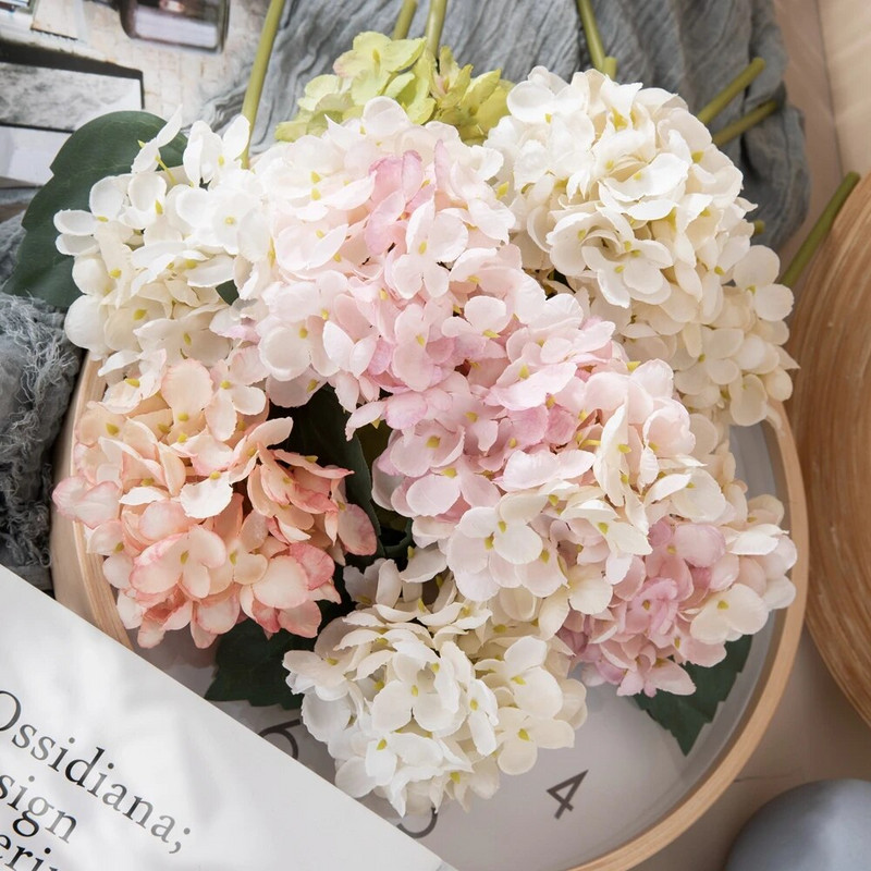 Mesterséges hortenzia virág ág hamis levelekkel selyem virágok otthoni esküvői kertbe barkács csokor dekoráció virágok