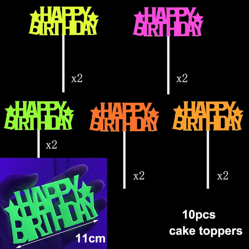 10 db Sötétben világító Neon torta Cupcake Toppers Glow Party kellékek Neon Születésnapi Party esküvői dekorációk