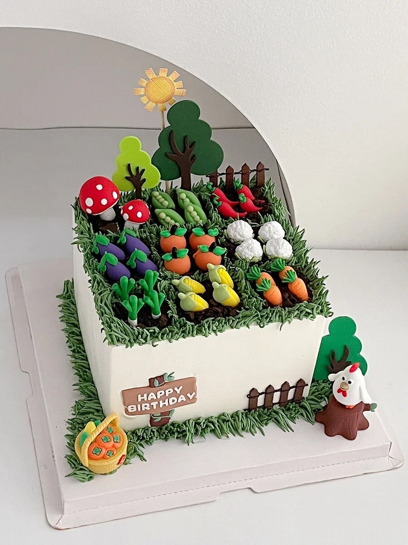 Torto viršelis Pastoracinis ūkio gyvenimas Puikus mažų daržovių kukurūzų morkų grybų medis Vaikų gimtadienis Linksmų vakarėlių torto dekoravimas