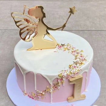 Little Fairy Happy Birthday Cake Toppers Gold Acrylic Angel Castle Elf Topper for Birthday Party Cake Decorations Supplies