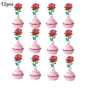12Pcs Rose FlowerBirthday Cupcake Консумативи, Декорация на Cupcake за годишнина от сватбата, Топер за Cupcake, Украса за сватбено тържество