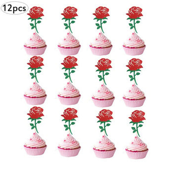 12 τεμ. Rose Flower Birthday Cupcake Supplies,Decoration Cupcake Anniversary Wedding, Cupcake Topper, Στολισμός γαμήλιου πάρτι