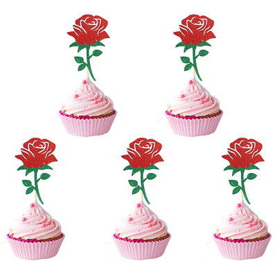 12 τεμ. Rose Flower Birthday Cupcake Supplies,Decoration Cupcake Anniversary Wedding, Cupcake Topper, Στολισμός γαμήλιου πάρτι