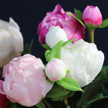 ИНДИГО-Божур с букет пъпки, копринени венчелистчета, роза, бяло цвете, сватба, декорация за офис маса, 47 см