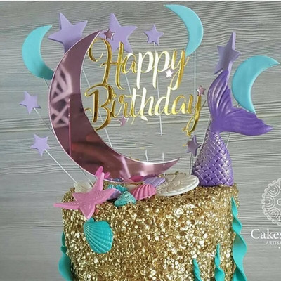 Gold Moon Happy Birthday Acrylic Cake Topper Stars Birthday Cake Topper Supplies for Birthday Anniversary Party Cake Decorations