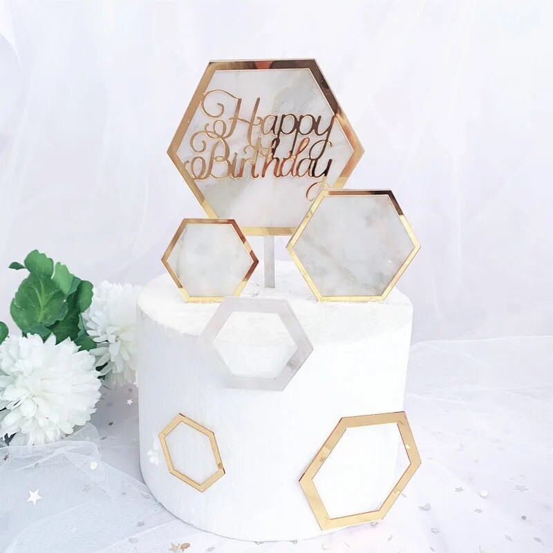 Ins Hexagon Acrilic Cake Topper Marbling La Multi Ani Baby Shower Decorare Tort pentru petrecere