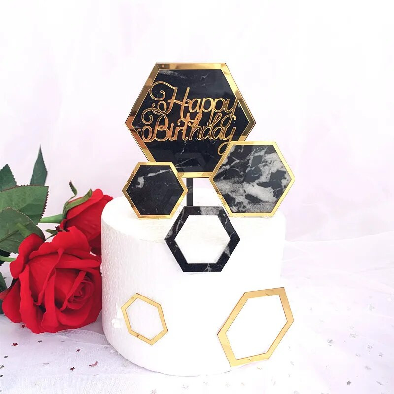 Ins Hexagon Acrilic Cake Topper Marbling La Multi Ani Baby Shower Decorare Tort pentru petrecere
