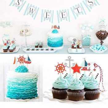 48 Pieces Nautical Cupcake Toppers Οδοντογλυφίδες με θέμα τον ωκεανό Διακοσμήσεις για τούρτα γενεθλίων Επιλογές για το ναυτικό Baby Shower Party Favors Supp