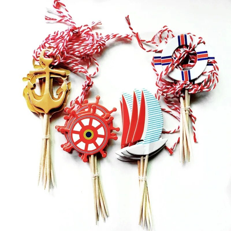 48 vienetų jūriniai keksų pyragaičiai vandenyno tema Dantų krapštukai gimtadienio tortų rinktukai Dekoracijos, skirtos Navy Baby Shower Party Favors Supp