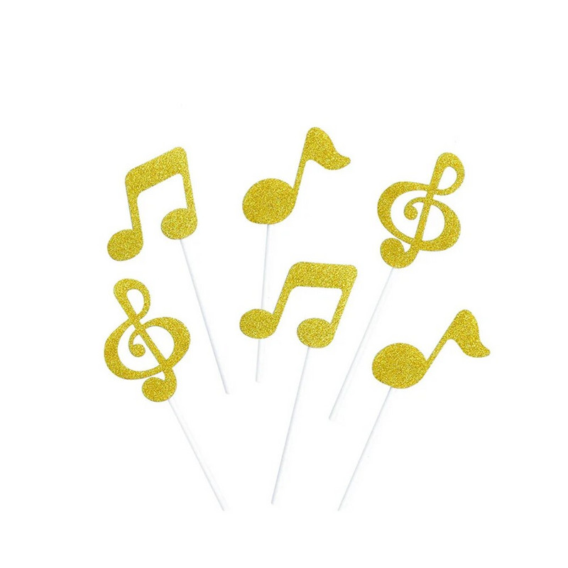 Hudobné symboly, noty, ozdoby na muffiny, trblietavá ozdoba na tortu na dezert, narodeninovú oslavu (strieborná)