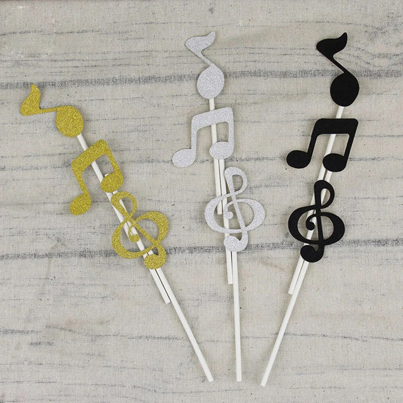 Hudobné symboly, noty, ozdoby na muffiny, trblietavá ozdoba na tortu na dezert, narodeninovú oslavu (strieborná)