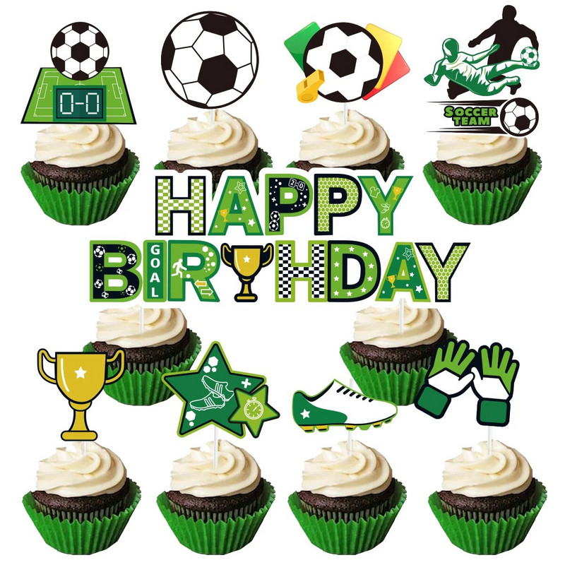 Futbalová párty ozdoba na muffiny, ozdoba na tortu všetko najlepšie k narodeninám, vlajka pre deti, chlapčenské narodeninové párty, dekorácie na tortu, párty potreby