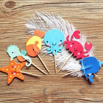 24 τμχ Ocean Animal Cupcake Toppers Under the Sea Party Cake Flags Boy Baby Shower Γοργόνα Διακοσμήσεις τούρτας γενεθλίων